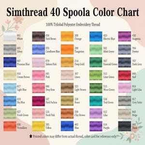 May include: A color chart for Simthread embroidery thread, featuring 40 spools. The chart displays a range of colors, including white, silver, blue, pink, green, and purple. Each color is labeled with a number and name, such as "001 White" and "800 Red".