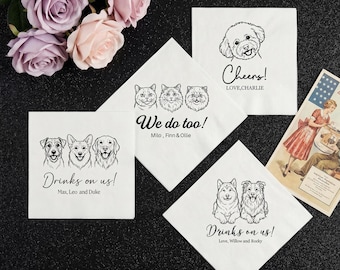 Guardanapos de casamento personalizados com retratos de animais de estimação, lembrancinhas personalizadas com desenhos de cães e gatos.