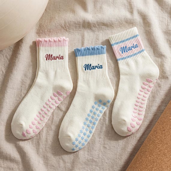 Custom Embroidered Pilates Grip Socks, Personalized Yoga Studio Socks, Non-Slip Fitness Wear