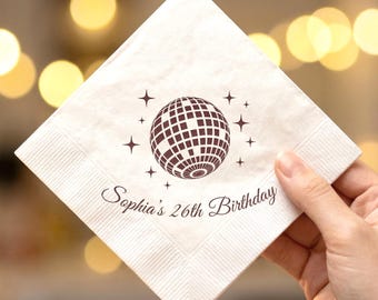 Personalized Disco Ball Cocktail Napkins, Custom Party Decor, Retro Glam Birthday Bash