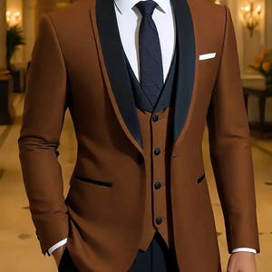 Terno smoking marrom masculino de 3 peças para casamento, terno para noivo com lapela xale, terno formal para baile de formatura, paletó sob medida, terno para padrinhos