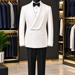Traje de esmoquin blanco roto para hombre, pajarita negra, esmoquin de boda, chaqueta de cena cruzada, traje de novio, ropa formal de lujo para la noche,