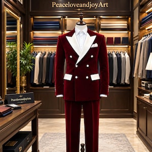 Burgundy Velvet Tuxedo Suit, White Shawl Lapel Double Breasted Blazer, Luxury Formal Wedding Groom Suit, Elegant 2 Piece Suit for Men,