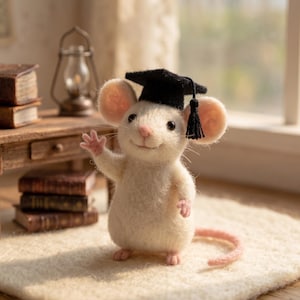 Puede incluir: Una figura de ratón blanco con un birrete negro con borla. El ratón tiene orejas rosas, nariz rosa y cola rosa. Está saludando con su pata derecha. La figura está sobre una alfombra blanca.