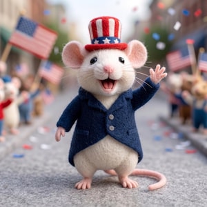 May include: A cheerful white mouse wearing a blue jacket and a red, white, and blue Uncle Sam hat, waving in a parade. The mouse is surrounded by other mice and American flags, celebrating a patriotic event.