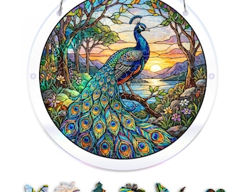 Rompecabezas acrílico para atrapasoles, kits para hacer atrapasoles para adultos, atrapasoles de flores silvestres, rompecabezas acrílico de pavo real con vidrieras.