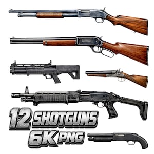 Pode incluir: Uma variedade de espingardas com componentes de madeira e metal preto. A imagem inclui vários modelos, mostrando diferentes designs e estilos. O texto na parte inferior diz "12 SHOTGUNS 6K PNG".