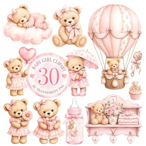 Può includere: Illustrazioni ad acquerello a tema bambina. L'immagine include orsetti, una mongolfiera, un biberon, una mensola con fiori e il testo "Baby Girl Clipart 30 4K Transparent PNG". La tavolozza dei colori è rosa tenue.
