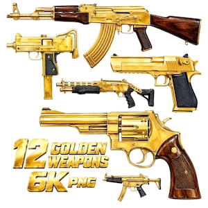 May include: An assortment of twelve golden weapons, including rifles, pistols, and a revolver, are displayed against a white background. The weapons have intricate details and wooden or black grips. The text "12 GOLDEN WEAPONS 6K PNG" is also visible.