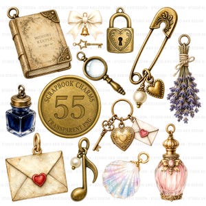 May include: A collection of vintage-style scrapbook charms and embellishments. Includes a book, lock, safety pin, magnifying glass, key, envelope, perfume bottle, and a bundle of lavender. The charms are in gold and bronze tones.