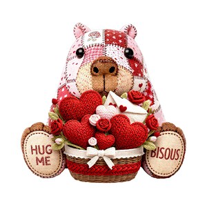 Capybara Valentine PNG 8K | Plushie Patchwork Style | POD Sublimation Design | Transparent Background