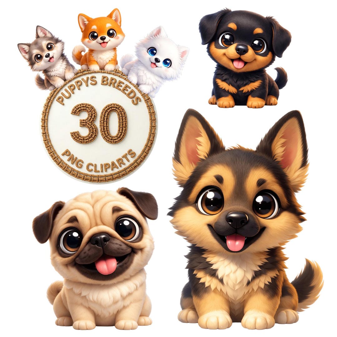 Puppy Clipart PNG | 30 Dog Breeds Bundle | 4K Transparent Background ...
