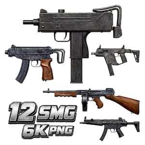 May include: An assortment of six submachine guns in various designs, including a Thompson, and a MAC-10. The image also includes the text "12 SMG 6K PNG" in a metallic font.