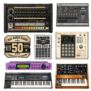 Puede incluir: Colección de equipos de producción musical vintage, que incluyen una caja de ritmos Roland TR-808, un sampler E-mu SP-1200, un Akai MPC3000 y un sintetizador Mo'Phatt. También incluye un sintetizador vintage y un clipart de beatmaker.
