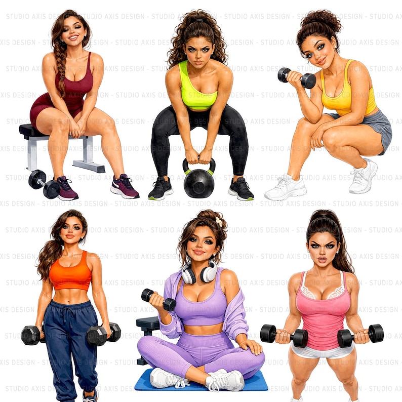 Fitness Girl Clipart Bundle | 50 Watercolor Gym Woman 3K Transparent ...
