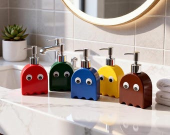 Dispenser di sapone a forma di fantasma - Decorazione colorata Kawaii per il bagno - Pompa per sapone con occhi finti - Accessorio per lavabo ispirato ai videogiochi retrò - Regalo per bambini e per la scrivania