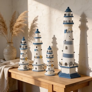 Doppelwandige Leuchtturmfigur aus Holz – Maritime Küstendekoration für Zuhause, Tisch, mediterran eingerichtete Räume, Geschenk für Strandliebhaber