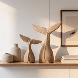 Geschnitzte Walflossenstatue aus Holz – Rustikale maritime Dekoration für Zuhause, Strandhaus, Hotel, Meeresliebhaber, Küsten- und Schifffahrtsdekoration