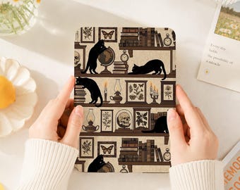 Black Cats on Bookshelf Kindle Case For Paperwhite 11/10/12th Gen, Colorsoft 7", Kobo Libra Color, Auto Wake/Sleep Cover, Gift for Readers
