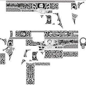 May include: Black and white decorative gun parts with intricate floral and portrait designs. The design includes the text "Emiliano Zapata" and "Tierra y Libertad". The parts are arranged on a white background.