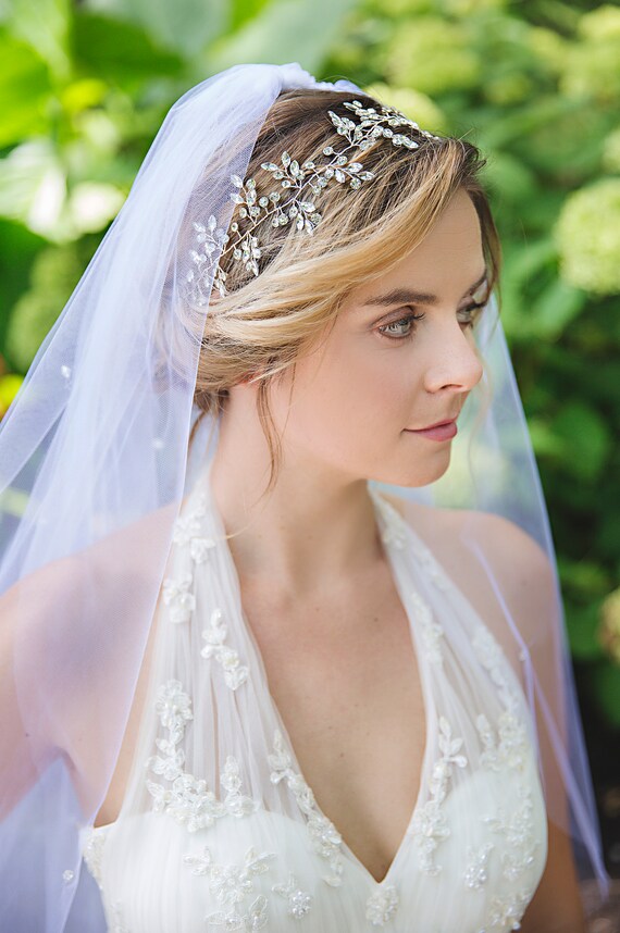 Crystal Embellished Bridal Veil Two Tier Tulle Bridal Veil Etsy