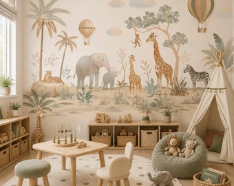 Safari Nursery Wallpaper, Earth Tone Jungle Animals, Removable Kids Room Mural