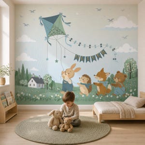 Woodland Animal Nursery Wallpaper, Personalized Bunny Fox Bear Hedgehog Wall Mural, Flying Kite Kids Room Peel & Stick