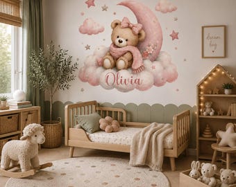 Adesivo murale personalizzato per la cameretta con orsetto di peluche, luna rosa e nuvole, decorazione personalizzata con nome per bambina.