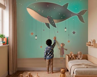 Wandbild „Wal“ in Salbeigrün fürs Kinderzimmer, verspielte Meeresdeko fürs Babyzimmer, Tapete im Küstenstil für Kinder