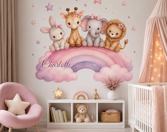 Personalized Safari Animals Watercolor Rainbow Wall Decal, Custom Name Nursery Sticker