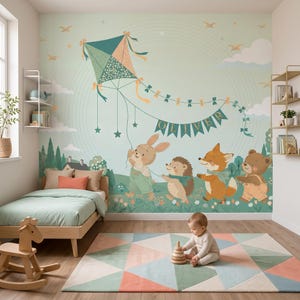 Spring Teal Woodland Animal Wallpaper | Personalized Name Wall Mural | Bunny Fox Bear Nursery Wallpaper | Peel and Stick or Traditional