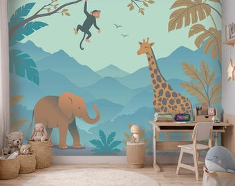 Turquoise Safari Wallpaper | Blue Jungle Wall Mural | Dinosaur Free Safari Nursery Decor | Peel and Stick Wallpaper