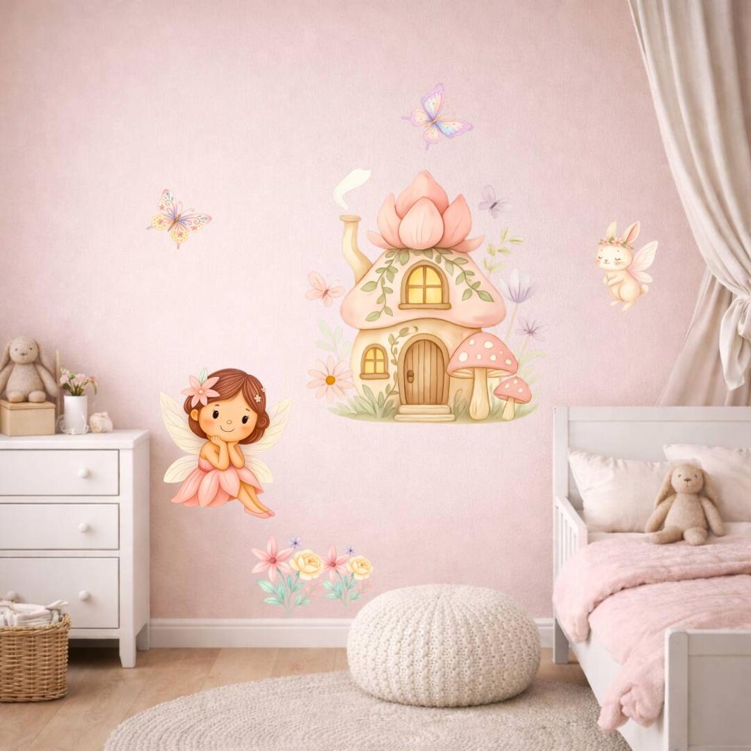 Fairy Wall Decal Set With Flower House and Butterflies, Peel and Stick ...