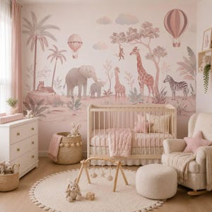 Rosa Safari Jungle Barnrumstapet, Giraff Elefant Fototapet (Dra upp och klistra)