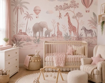 Pink Safari Jungle Nursery Wallpaper, Giraffe Elephant Wall Mural (Peel and Stick)