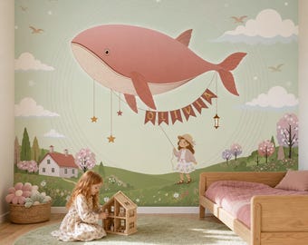 Personalisiertes Wandbild mit fliegendem Wal, rosa Wildblumenwiese, Mädchenzimmer-Dekoration