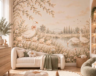 Vintage Floral Goose Nursery Wallpaper, Neutral Beige Cottagecore Mural (Peel & Stick)