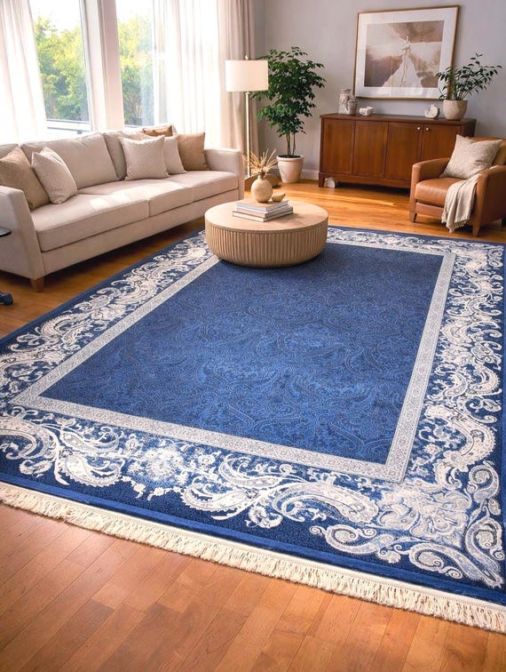 Blue Vintage Style Area Rug 6x10 Large Turkish Rug Navy Floral Border Carpet Neutral Living Room Bedroom Rug Home Decor