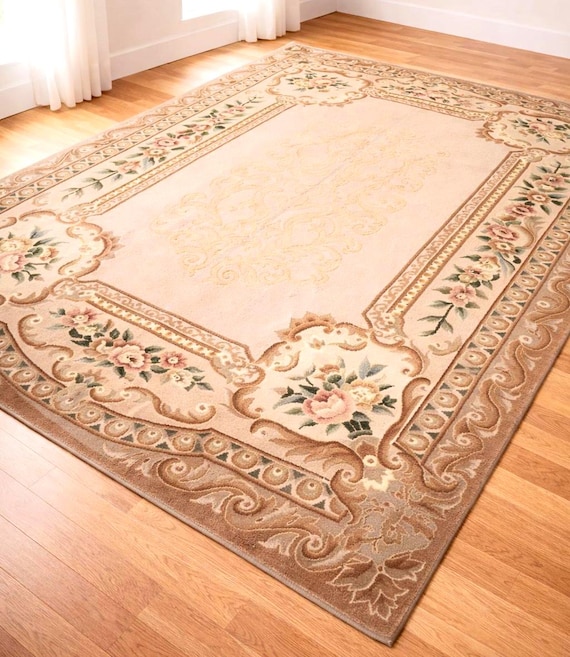 Handwoven Chinese Wool Rug 5.57x7.87 ft Floral Oriental Area Rug Beige Traditional European Living Room Carpet One of a Kind