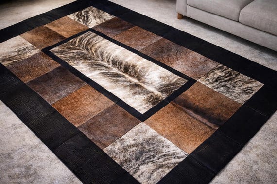 Modern Cowhide Patchwork Rug, Genuine Hair On Leather Area Rug, Luxury Contemporary Cowhide Carpet, Designer Living Room Rug 5.6x7.9 ft