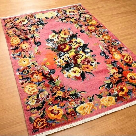 Karabakh Floral Rug, Vintage Anatolian Area Rug, Turkish Oriental Carpet, Pink or Burnt Orange Floral Rug, 5.25x7.55 ft One of a Kind