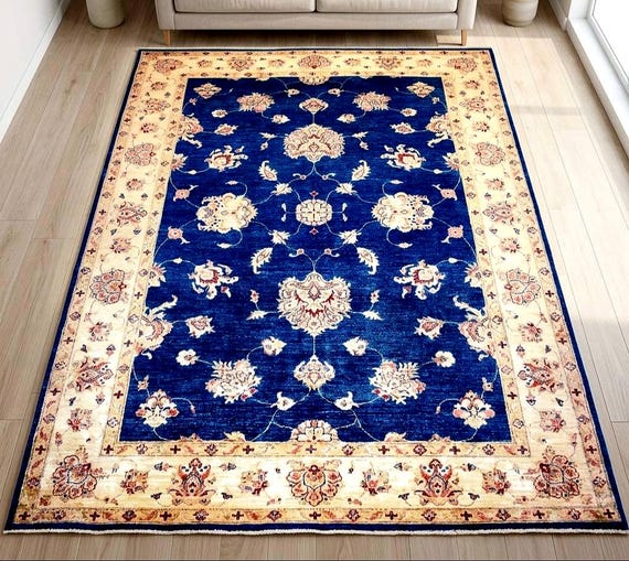 One of a Kind Handwoven Afghan Wool Rug 8x6 ft Navy Blue Floral Oriental Rug Vintage Style Traditional Living Room Area Rug OOAK