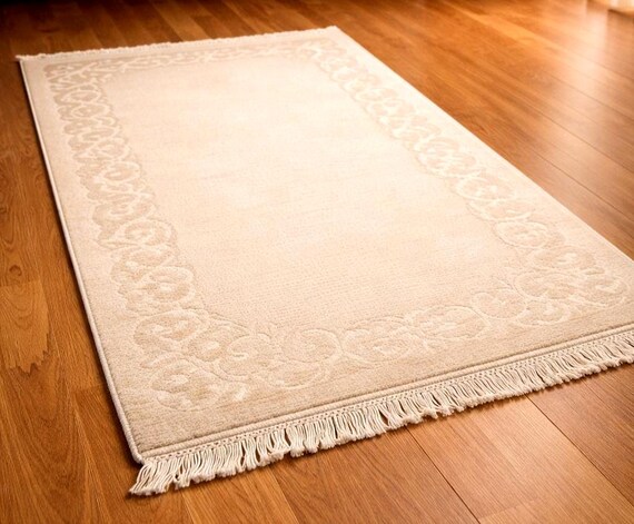 Neutral Ivory Turkish Wool Rug Minimal Area Rug for Living Room Bedroom Decor, Handmade Oushak Style Carpet Free Express Shipping USA