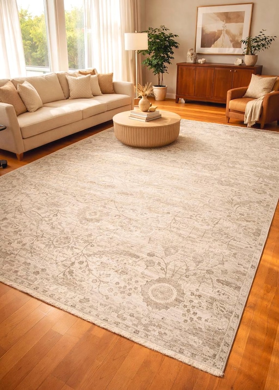 Vintage Oushak Area Rug 6.5x10 ft Large Neutral Living Room Rug Turkish Rug Beige Floral Carpet Bedroom Rug Classic Home Decor