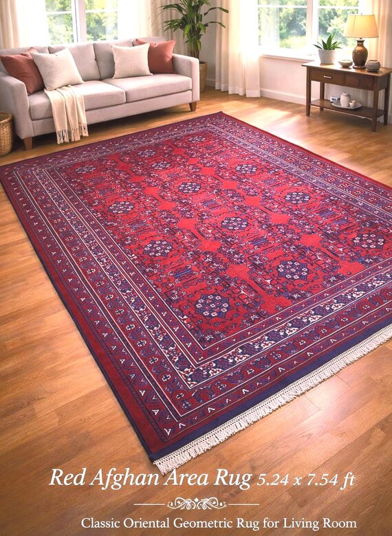 Red Afghan Area Rug 5.24x7.54 ft Traditional Oriental Carpet, Classic Geometric Afghan Rug, Vintage Style Red Living Room Decor Rug