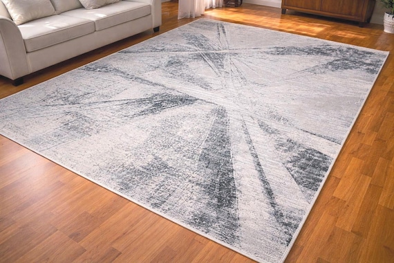 Modern Abstract Area Rug 6.6 x 9.8 ft Large Living Room Rug Gray Black Contemporary Carpet Turkish Acrylic Viscose Rug