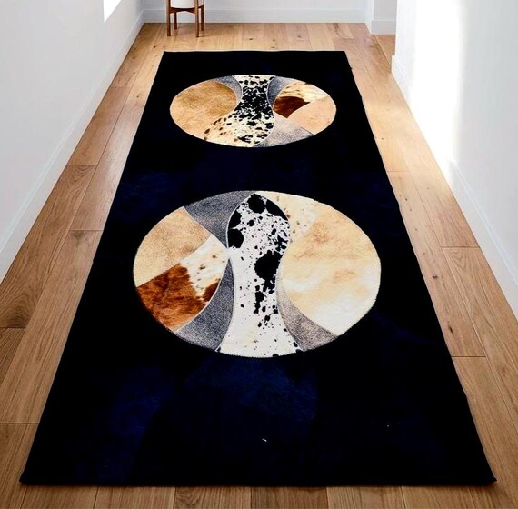 Handmade Black Cowhide Patchwork Runner Rug 2.6x6.5 Ft Modern Rustic Hallway Rug Western Leather Carpet Farmhouse Decor
