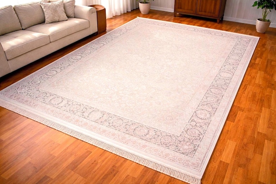 Beige Cream Area Rug 6.6 x 9.8 ft Large Living Room Rug Neutral Border Carpet Acrylic Viscose Rug Modern Classic Home Decor