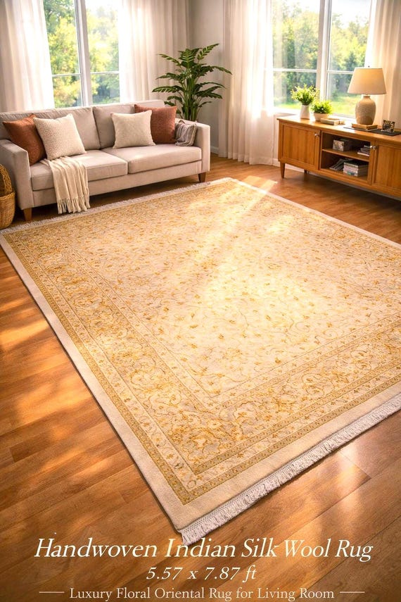 Handwoven Indian Silk Wool Rug 5.57x7.87 ft, One of a Kind Oriental Area Rug, Luxury Floral Carpet, Beige Gold Vintage Style Living Room Rug