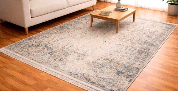 Large Turkish Gold Blue Area Rug 6.5x9.8 Ft Traditional Persian Style Carpet Vintage Oriental Living Room Rug Luxury Neutral Home Decor